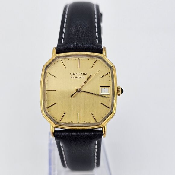 VTG Men's Croton 30MM Gold Dial Date Swiss Made Black Leather Bands New Battery - Picture 1 of 15